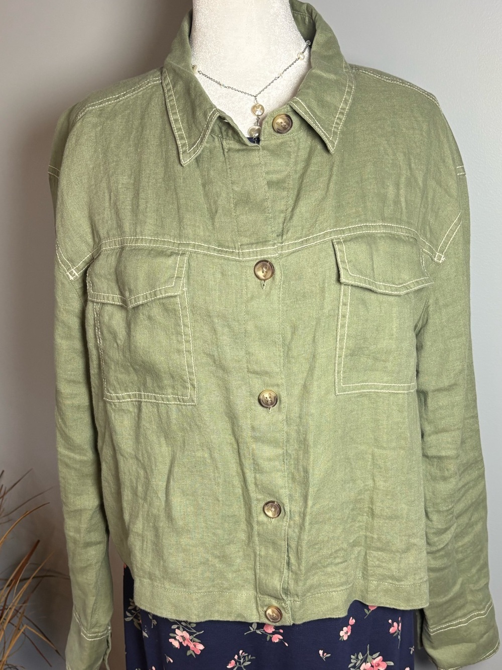 Rachel Zoe 100% Linen Olive Green Utility Shacket Large